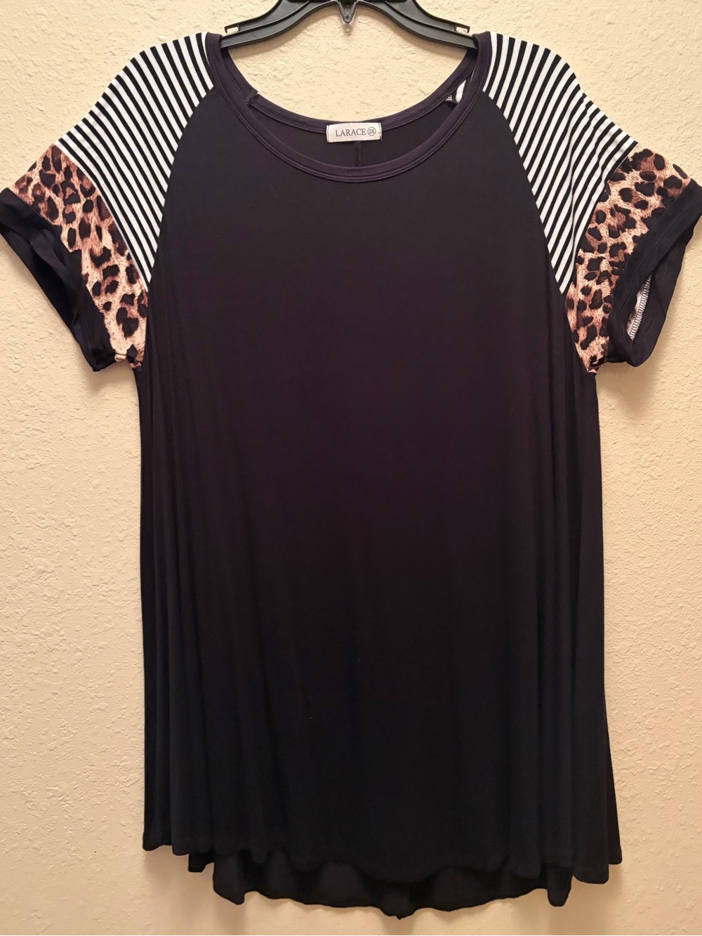 Larace Black Short Sleeve Tunic Top with Striped & Leopard Accent Sleeves